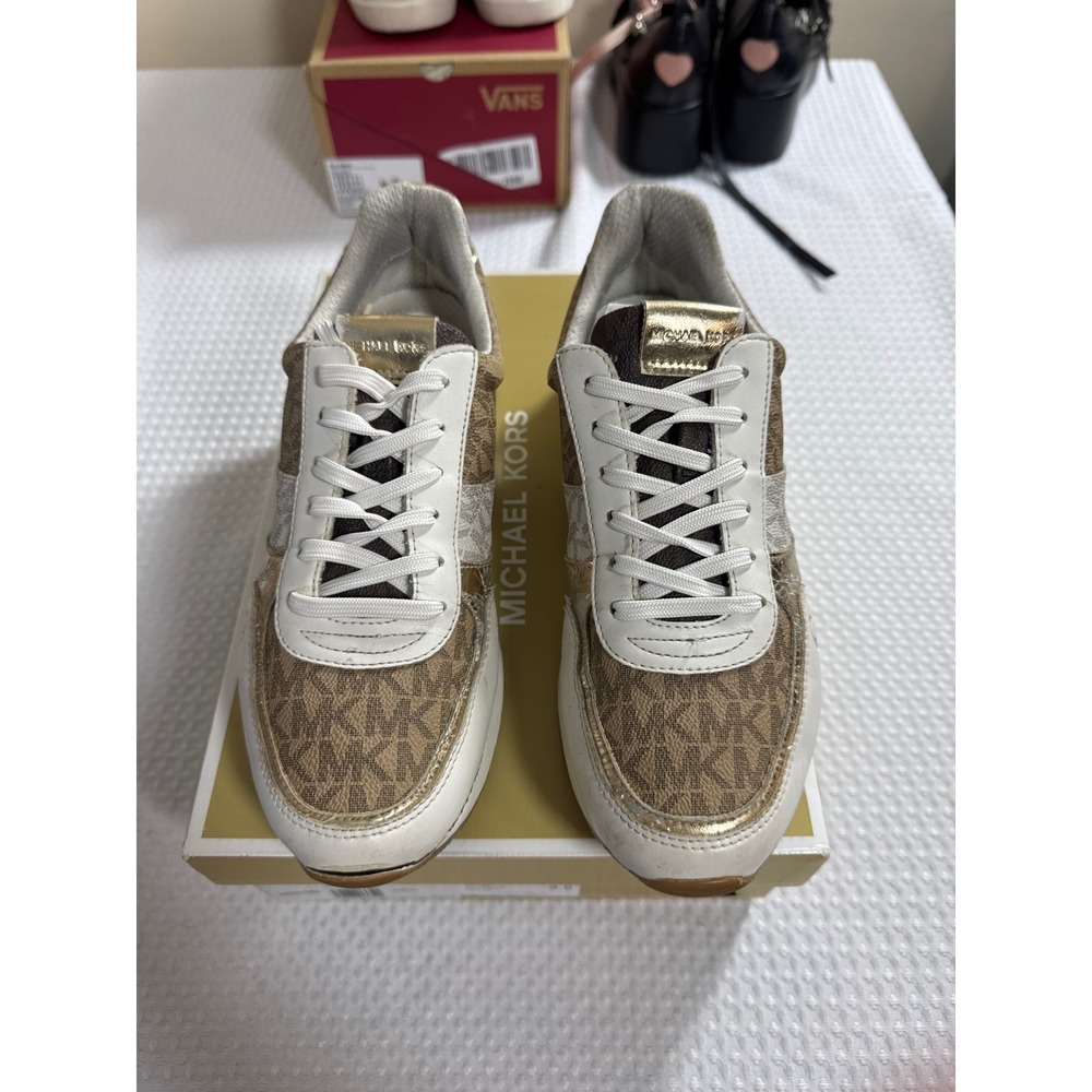 Michael Kors Sneakers Womens 9 Allie Wrap Trainer Brown Gold Monogram Logo FAIR
